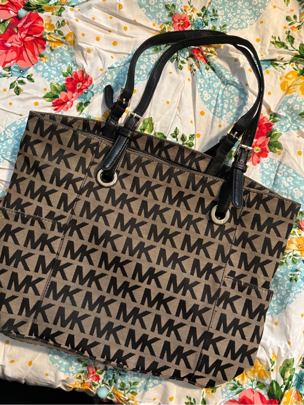 2010s Michael Kors Black MK Monogram Purse with Brown Base